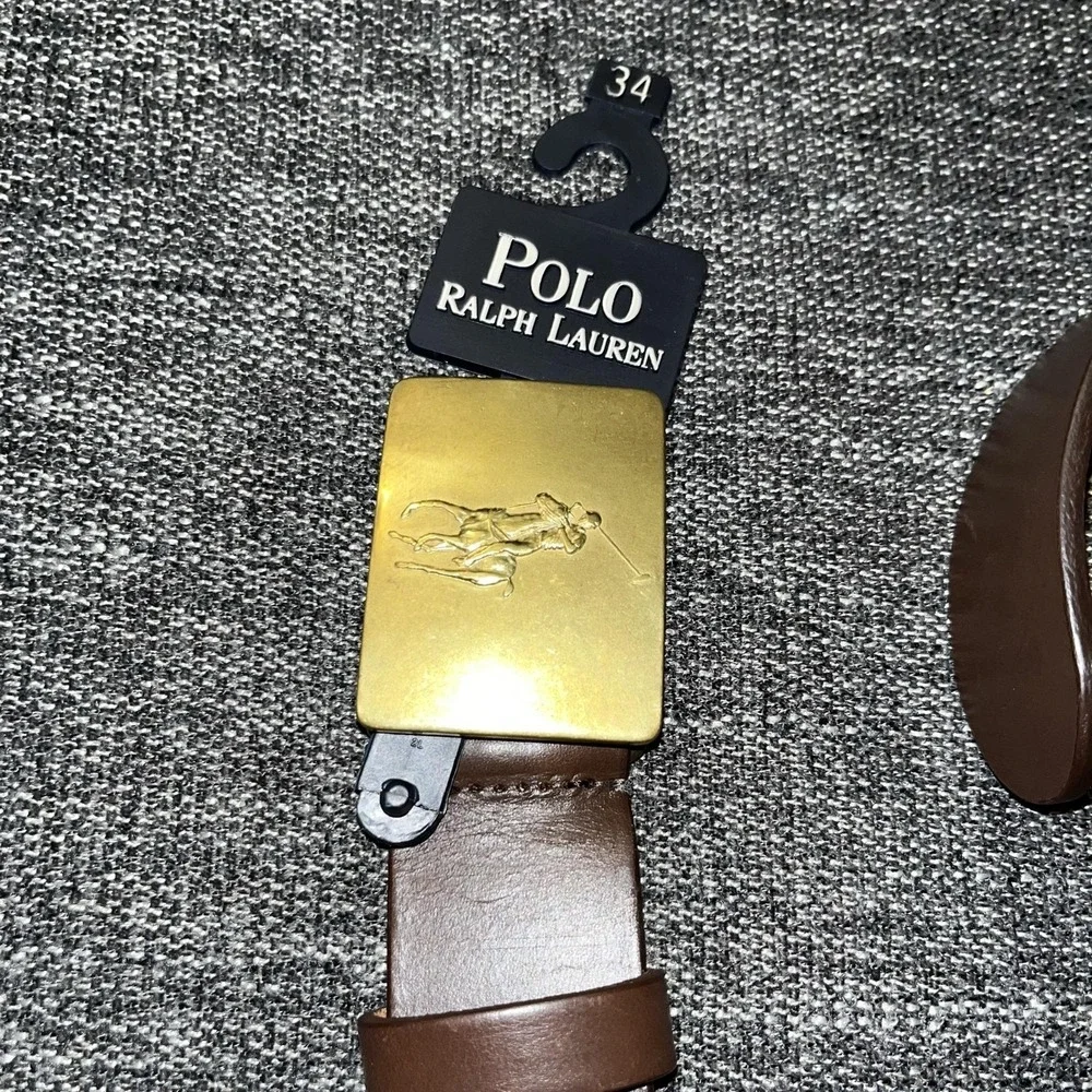 Polo Ralph Lauren Belt Mens Size 34 Brown Leather Brass Buckle Dress Pony Logo